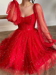 Long Sleeves Short Red Prom Dresses, Red Long Sleeves Short Formal Graduation Dresses