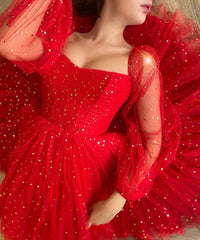 Long Sleeves Short Red Prom Dresses, Red Long Sleeves Short Formal Graduation Dresses