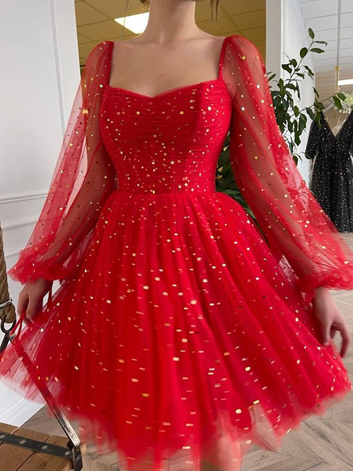 Long Sleeves Short Red Prom Dresses, Red Long Sleeves Short Formal Graduation Dresses