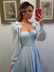 Long Sleeves Sky Blue Long Prom Dresses, Light Blue Long Sleeves Floral Formal Evening Dresses