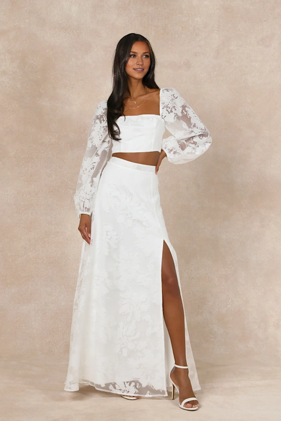 Long Sleeves Square Neck Outstanding Perfection White Floral Burnout Two-Piece Wedding Dress With Slit