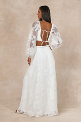 Long Sleeves Square Neck Outstanding Perfection White Floral Burnout Two-Piece Wedding Dress With Slit