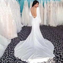 Long Sleeves Square Neck Satin Wedding Dresses Mermaid High Side Split Backless