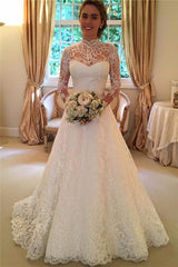 Long Sleeves Sweep Train Lace Wedding Dress With Bowknot Backless TN0070