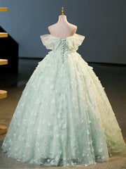 Green Tulle A-Line Lace Long Prom Dress, Green Lace Long Sweet 16 Dress