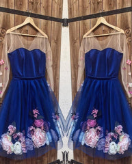 Long Sleeves 3D Floral Short Blue Prom Dresses, Short Blue Formal Graduation Homecoming Dresses
