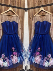 Long Sleeves 3D Floral Short Blue Prom Dresses, Short Blue Formal Graduation Homecoming Dresses