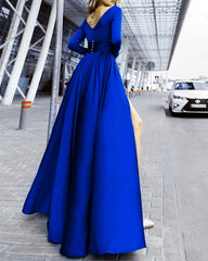 Long Sleeves Evening Dresses Chiffon V-neck Split Prom Dress