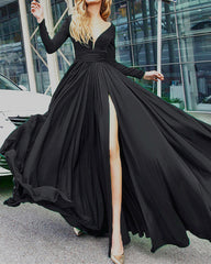 Long Sleeves Evening Dresses Chiffon V-neck Split Prom Dress
