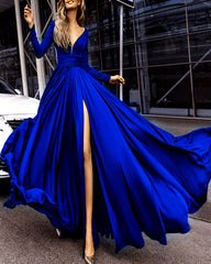 Long Sleeves Evening Dresses Chiffon V-neck Split Prom Dress