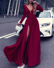 Long Sleeves Evening Dresses Chiffon V-neck Split Prom Dress