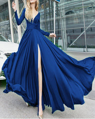Long Sleeves Evening Dresses Chiffon V-neck Split Prom Dress