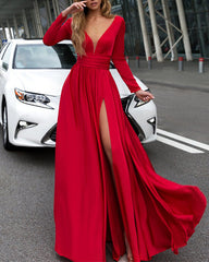 Long Sleeves Evening Dresses Chiffon V-neck Split Prom Dress