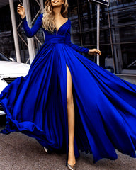 Long Sleeves Evening Dresses Chiffon V-neck Split Prom Dress