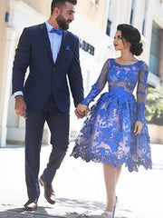 Long Sleeves Knee Length Short Blue Lace Prom Dresses, Knee Length Long Sleeves Blue Lace Formal Homecoming Dresses