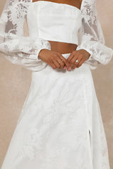 Long Sleeves Square Neck Outstanding Perfection White Floral Burnout Two-Piece Wedding Dress With Slit