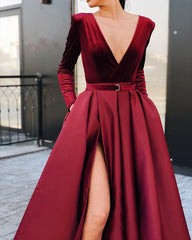 Long Sleeves V Neck Burgundy/ Black Prom Dress with High Slit, Burgundy/Black Long Sleeves V Neck Formal Graduation Evening Dresses