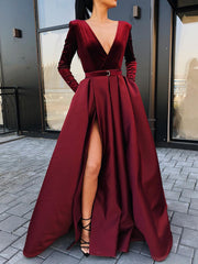Long Sleeves V Neck Burgundy/ Black Prom Dress with High Slit, Burgundy/Black Long Sleeves V Neck Formal Graduation Evening Dresses