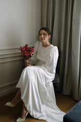 Long Sleeve Wedding Dress Minimalist Open Back Wedding Dress A-line Romantic Bride Dress With Side Hight Slit