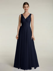 Illusion V-neck Tulle Long Dresses-Dark Navy