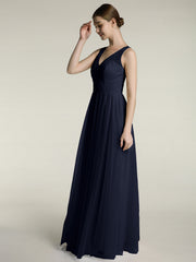 Illusion V-neck Tulle Long Dresses-Dark Navy