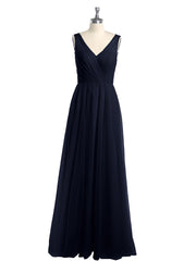 Illusion V-neck Tulle Long Dresses-Dark Navy