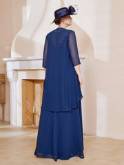 Illusion Neckline Ruffles Dress With Jacket Dark Navy