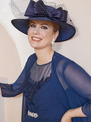 Illusion Neckline Ruffles Dress With Jacket Dark Navy