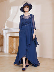 Illusion Neckline Ruffles Dress With Jacket Dark Navy