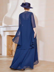 Illusion Neckline Ruffles Dress With Jacket Dark Navy