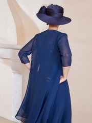 Illusion Neckline Ruffles Dress With Jacket Dark Navy