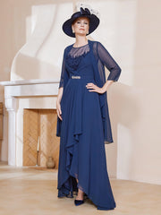 Illusion Neckline Ruffles Dress With Jacket Dark Navy