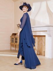 Illusion Neckline Ruffles Dress With Jacket Dark Navy