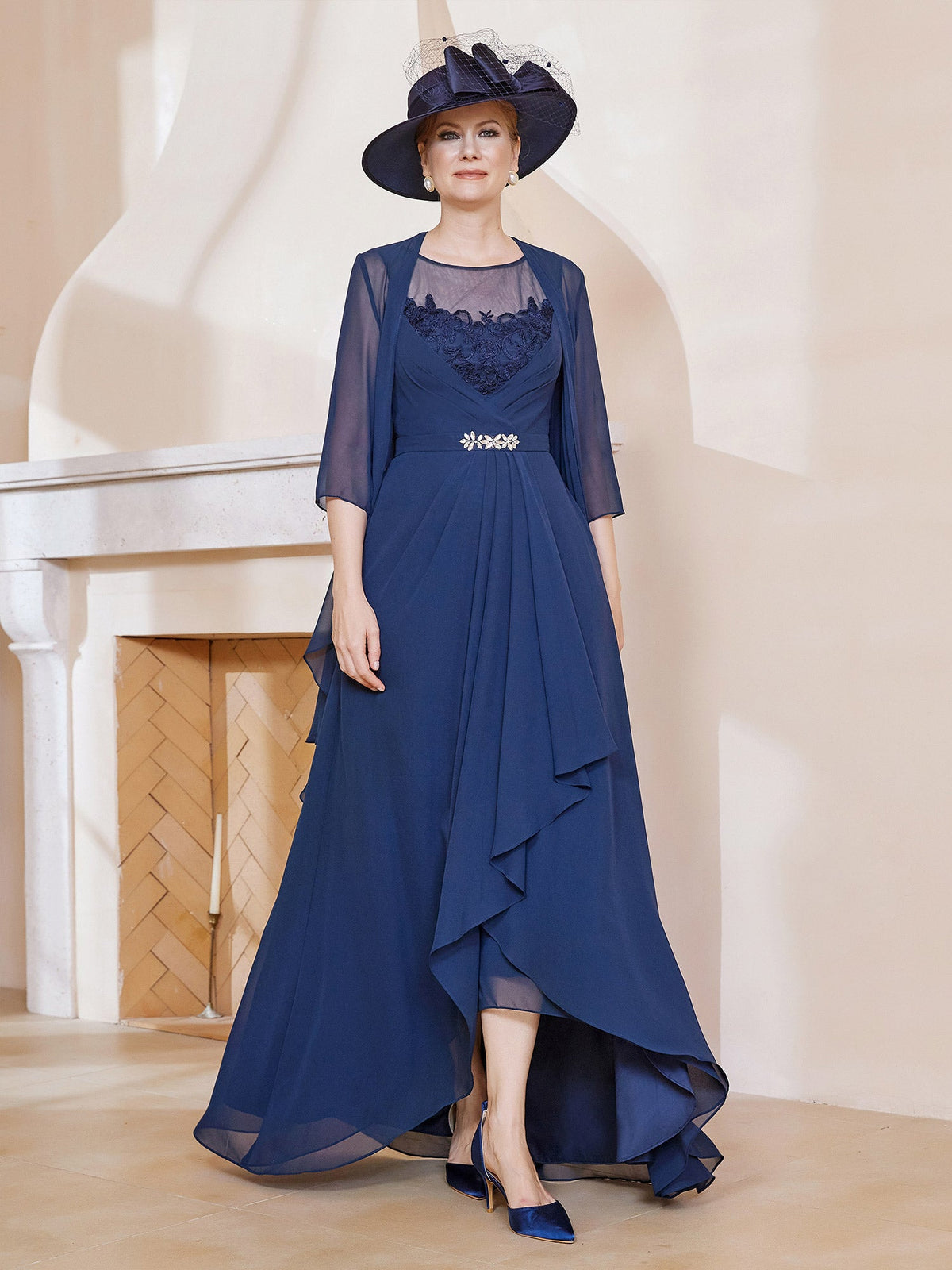 Illusion Neckline Ruffles Dress With Jacket Dark Navy