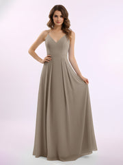Spaghetti Strap V-neck Chiffon Gowns with Pocket-Taupe