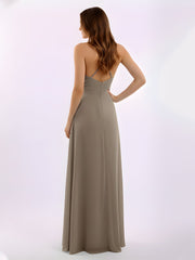 Spaghetti Strap V-neck Chiffon Gowns with Pocket-Taupe