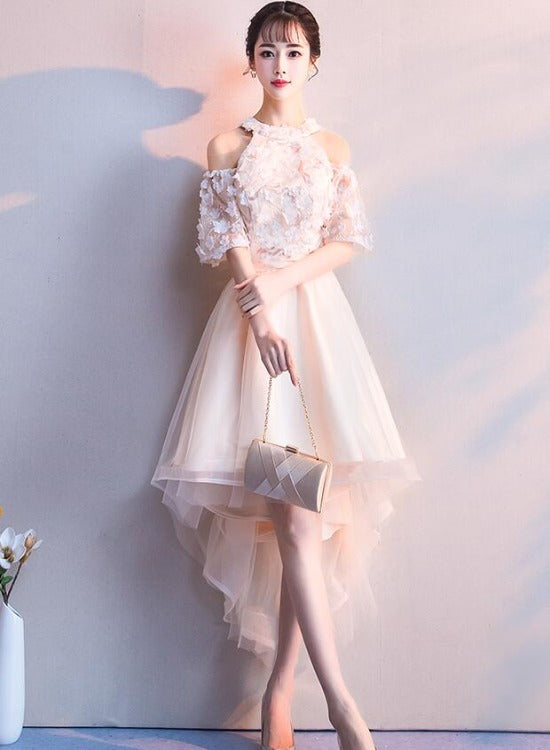 Lovely Ivory Tulle High Low Lace Applique Short Prom Dress, High Low Homecoming Dresses