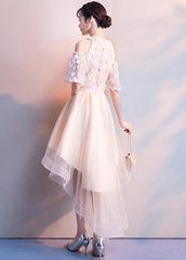 Lovely Ivory Tulle High Low Lace Applique Short Prom Dress, High Low Homecoming Dresses