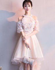 Lovely Ivory Tulle High Low Lace Applique Short Prom Dress, High Low Homecoming Dresses