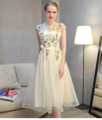 Lovely Light Champagne Cap Sleeves Floral Tea Length Party Dress, Cute Wedding Party Dresses