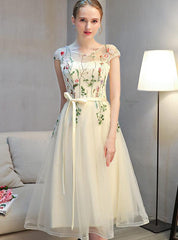 Lovely Light Champagne Cap Sleeves Floral Tea Length Party Dress, Cute Wedding Party Dresses