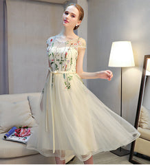 Lovely Light Champagne Cap Sleeves Floral Tea Length Party Dress, Cute Wedding Party Dresses