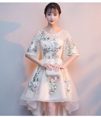 Lovely Light Champagne Tulle with Lace Applique Short Sleeves Party Dresses, High Low Homecoming Dresses