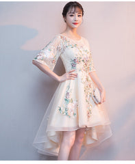 Lovely Light Champagne Tulle with Lace Applique Short Sleeves Party Dresses, High Low Homecoming Dresses