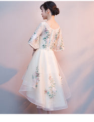 Lovely Light Champagne Tulle with Lace Applique Short Sleeves Party Dresses, High Low Homecoming Dresses