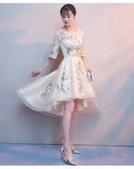 Lovely Light Champagne Tulle with Lace Applique Short Sleeves Party Dresses, High Low Homecoming Dresses