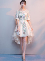 Lovely Light Champagne Tulle with Lace Applique Short Sleeves Party Dresses, High Low Homecoming Dresses