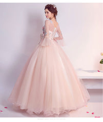 Lovely Light Pink Tulle Round Neckline Party Dress with Flower Lace, Pink Sweet 16 Gown