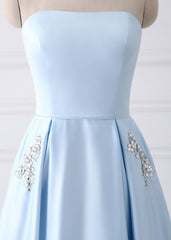 A Line Beaded Satin Long Homecoming Dresses with Pocket