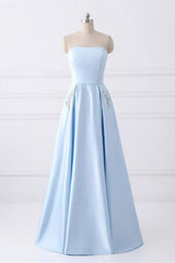 A Line Beaded Satin Long Homecoming Dresses with Pocket